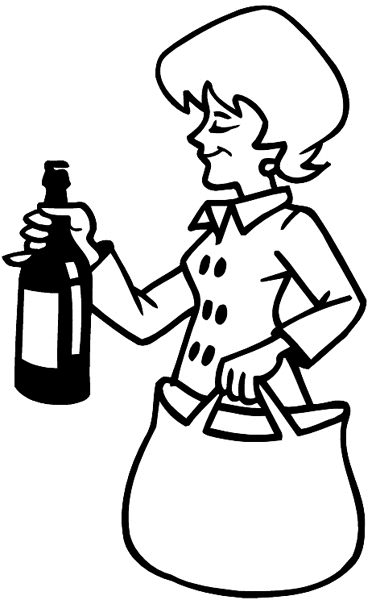Lady shopper buying bottle of wine vinyl decal. Customize on line. Sales and Shopping 084-0324